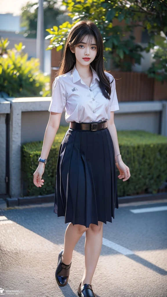 highest resolution, 8K, high definition, (((ผมlong))), Thai Students, Half Thai, half Japanese, half Korean., Age 18-25 years, Height 173 centimeters, (((stand, walk))), Beautiful face, แต่งBeautiful face, Double eyelids, red lips, smile at the corner of the mouth, beautiful eyes, Beautiful Woman, The texture is realistic., ((Slim white short-sleeved shirt, collar shirt)), ((big pleated skirt, dark blue, long, Close your legs completely.)), ((Navy blue skirt, พร้อมbeltผู้หญิง)), ((Huge breasts, Breast augmentation)), ((Symmetrical shape, sexy figure)), ((Thin, slim, small waist)), ((Black court shoes, Put on a watch, belt)), (((full body, Look at every part of the body.))), background, building, building, lawn, outdoor sports field, buildingเรียน