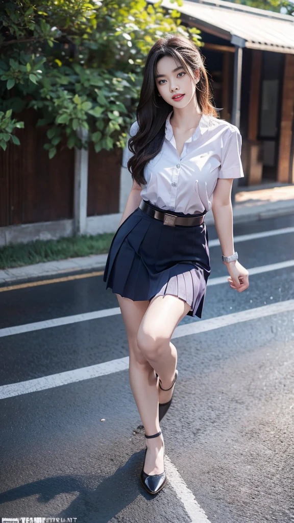 highest resolution, 8K, high definition, (((ผมlong))), Thai Students, Half Thai, half Japanese, half Korean., Age 18-25 years, Height 173 centimeters, (((stand, walk))), Beautiful face, แต่งBeautiful face, Double eyelids, red lips, smile at the corner of the mouth, beautiful eyes, Beautiful Woman, The texture is realistic., ((Slim white short-sleeved shirt, collar shirt)), ((big pleated skirt, dark blue, long, Close your legs completely.)), ((Navy blue skirt, พร้อมbeltผู้หญิง)), ((Huge breasts, Breast augmentation)), ((Symmetrical shape, sexy figure)), ((Thin, slim, small waist)), ((Black court shoes, Put on a watch, belt)), (((full body, Look at every part of the body.))), background, building, building, lawn, outdoor sports field, buildingเรียน