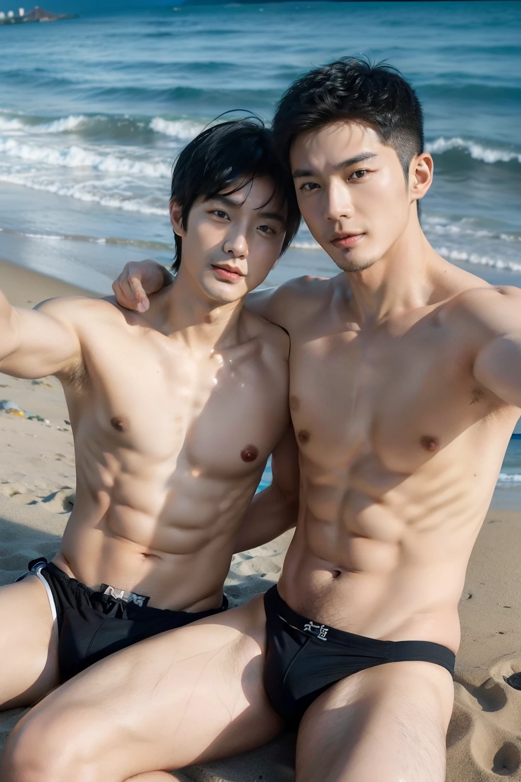 (handsome chinese man: 1.5), (selfie effect:1.2), two men sitting on the beach, wearing bikini brief only, realistic, detailed, perfect anatomy, best quality, 8k