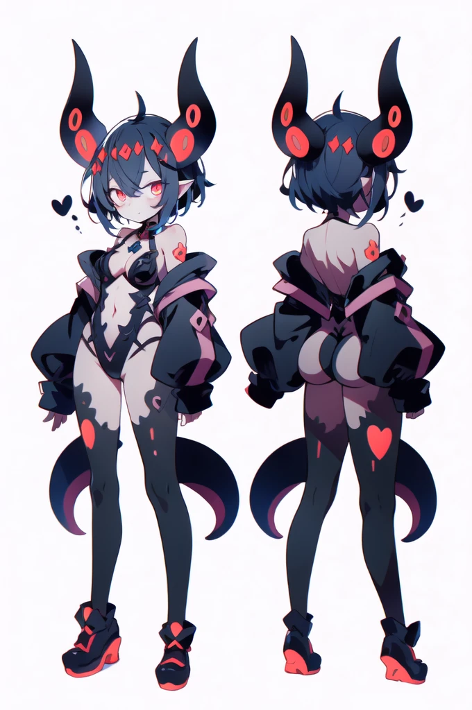 Undead Maiden,Detailed character drawings,Little evil god,devil horns,headgear,Detailed character designs,full body picture,Standing drawings of characters,Double tail,multiple views