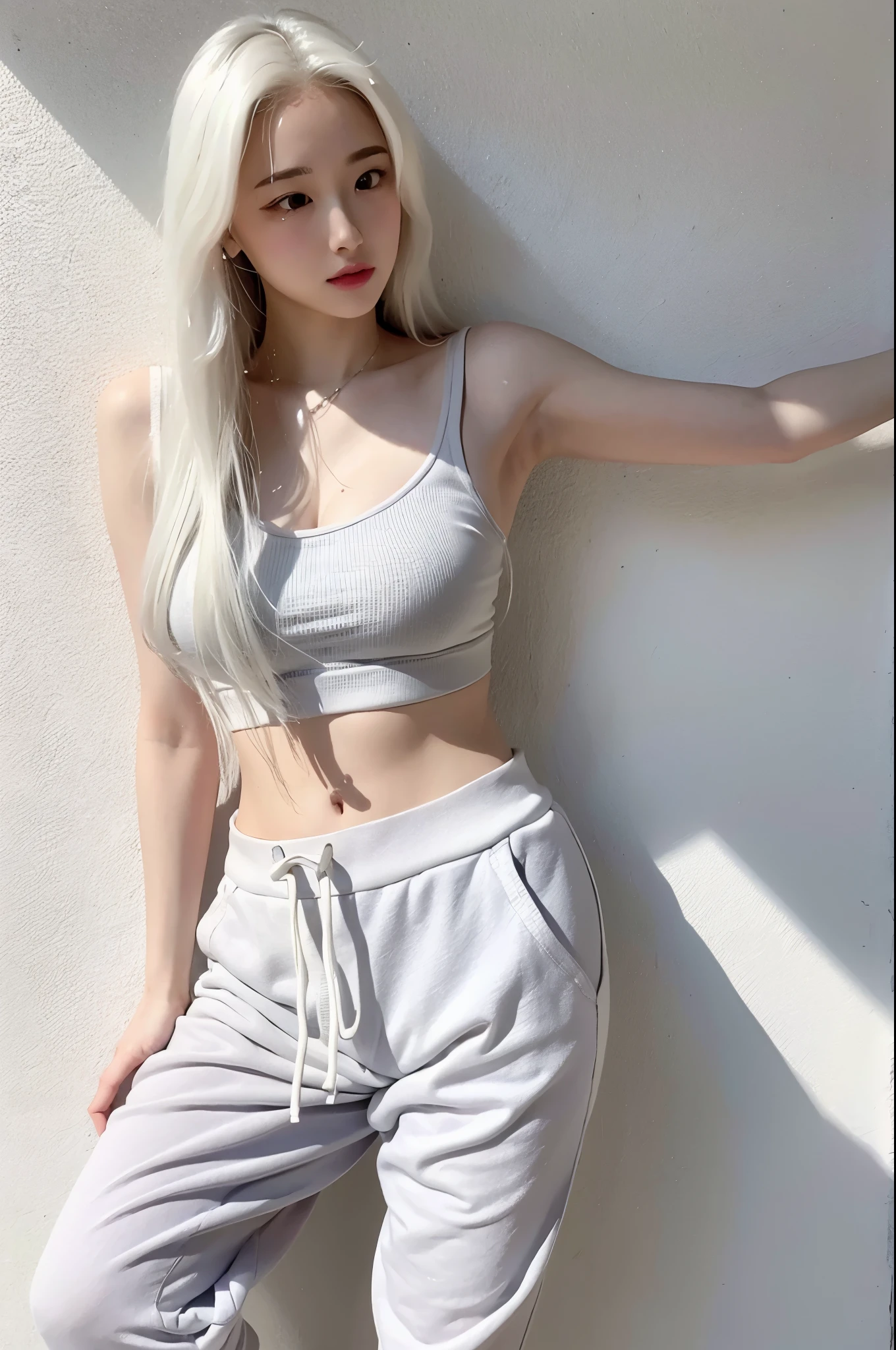 realistic, High resolution, 1 female, glowing skin, alone, wide lips,long hair,wavy hair, hip up,saggy breasts,small face,white hair,Color Contacts,Tank top,Sweat pants,white sneakers,whole body,concrete wall,white background,