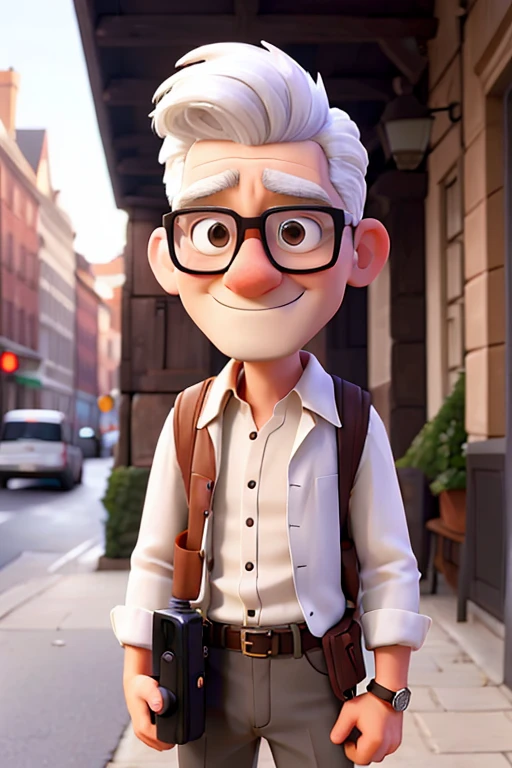 Man with white hair and glasses Taking a photo with a camera of a beautiful brunette woman on the street