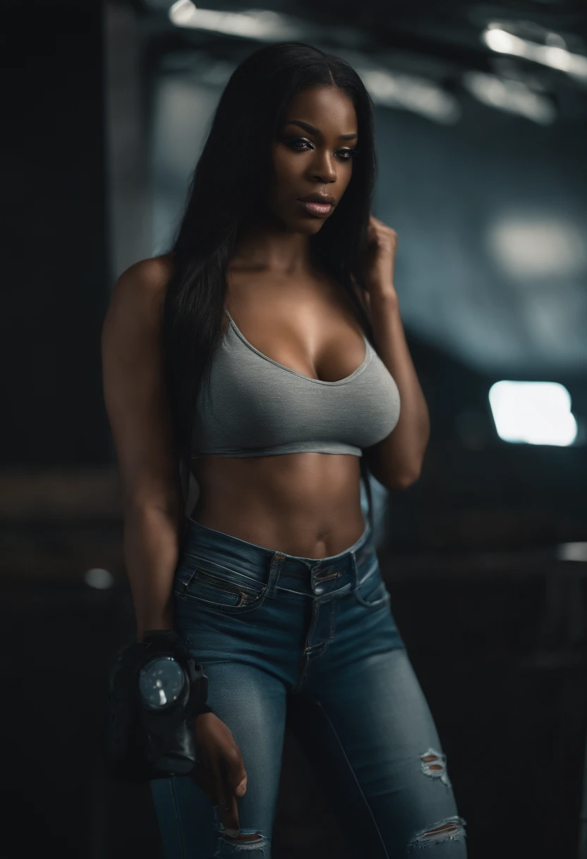 Long hair, Ebony, beautiful, ultra sexy, shy, large breasts, thick ass, thin waist,lucy \(cyberpunk\), ripped pants, dripping cum, pussy, gaping pussy