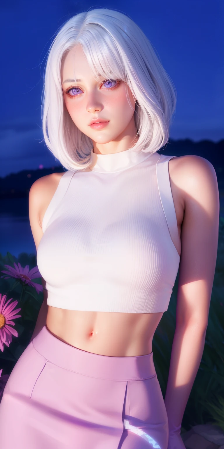 realistic, 1girl, white hair, purple eyes, glowing eyes, crop top, skirt, parted lips, blush, night, flowers, sun, sunlight,