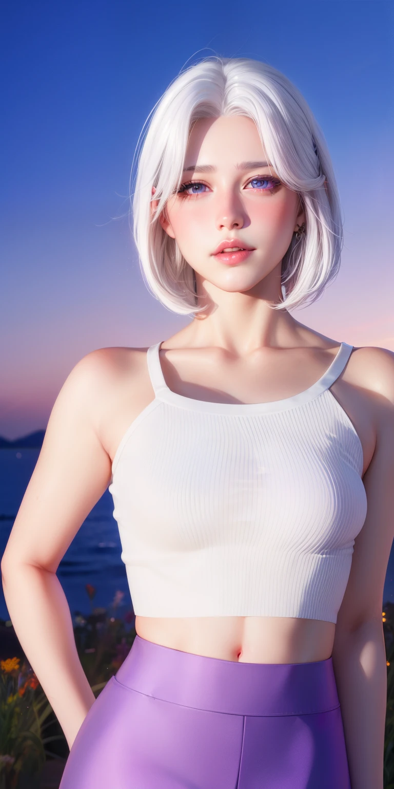 realistic, 1girl, white hair, purple eyes, glowing eyes, crop top, skirt, parted lips, blush, night, flowers, sun, sunlight,