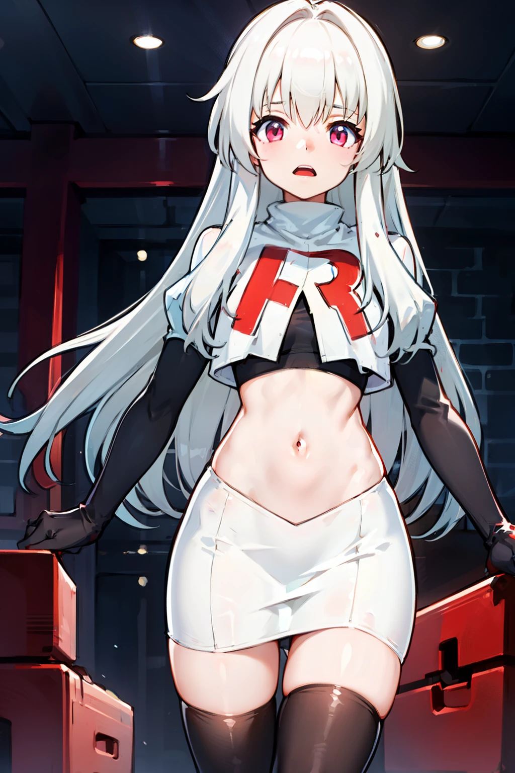 1girl, team rocket,team rocket uniform,white skirt,red letter R,crop top,black thigh-highs,black elbow gloves,