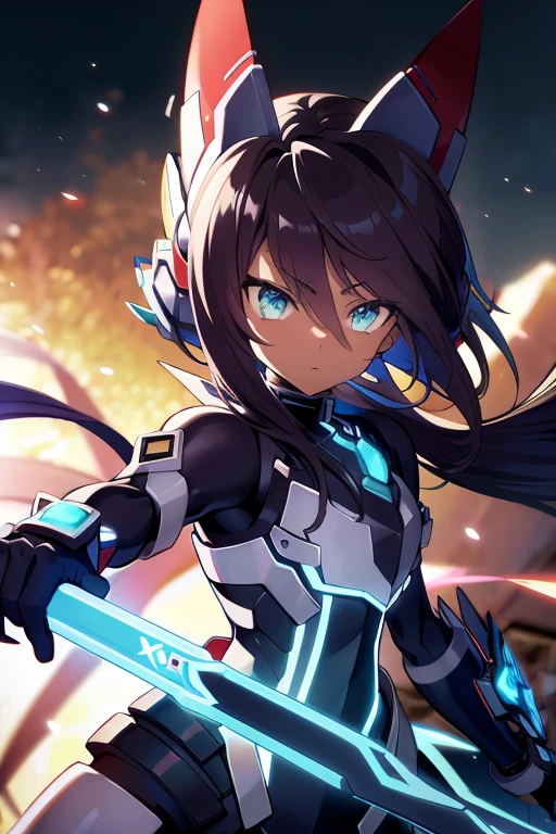 Anime figure, Masterpiece, best quality, highres, amazing quality, xenoblade chronicles, flat chested, (male), (8  boy), ((shota)), (Dark skin), cute,  shuvi eyes, medium hair dark brown hair, black exosuit, black gaunlets, long point headgear, black mecha musume, close up, ((blazblue black murakumo unit armour)) Mahou Shounen, 