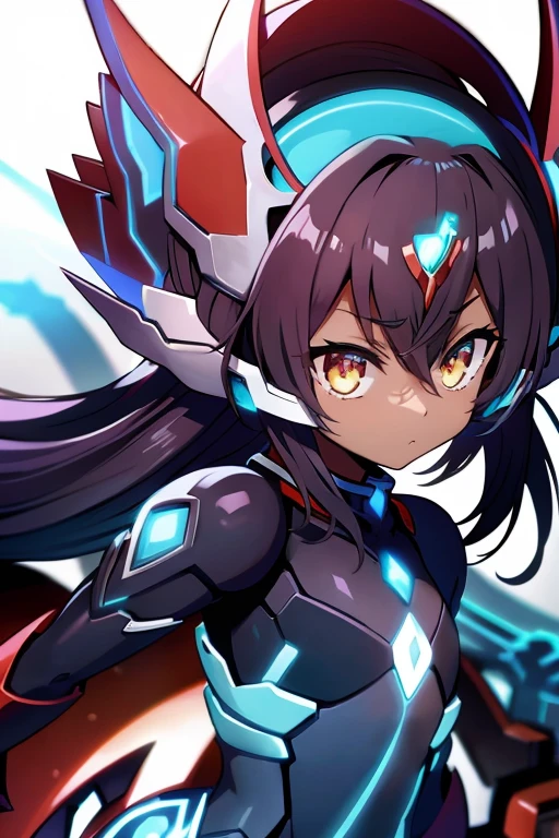 Anime figure, Masterpiece, best quality, highres, amazing quality, xenoblade chronicles, flat chested, (male), (8 year old boy), ((shota)), (Dark skin), cute,  shuvi eyes, medium hair dark brown hair, black exosuit, black gaunlets, long point headgear, black mecha musume, close up, ((blazblue black murakumo unit armour)) Mahou Shounen, 