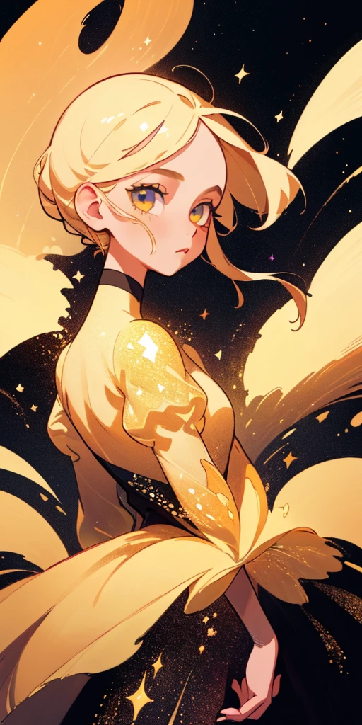 (best quality, masterpiece), 1girl, galaxy, glitter, dress, particle, wind, flower, upper body, dark simple background, looking at viewer, blonde,