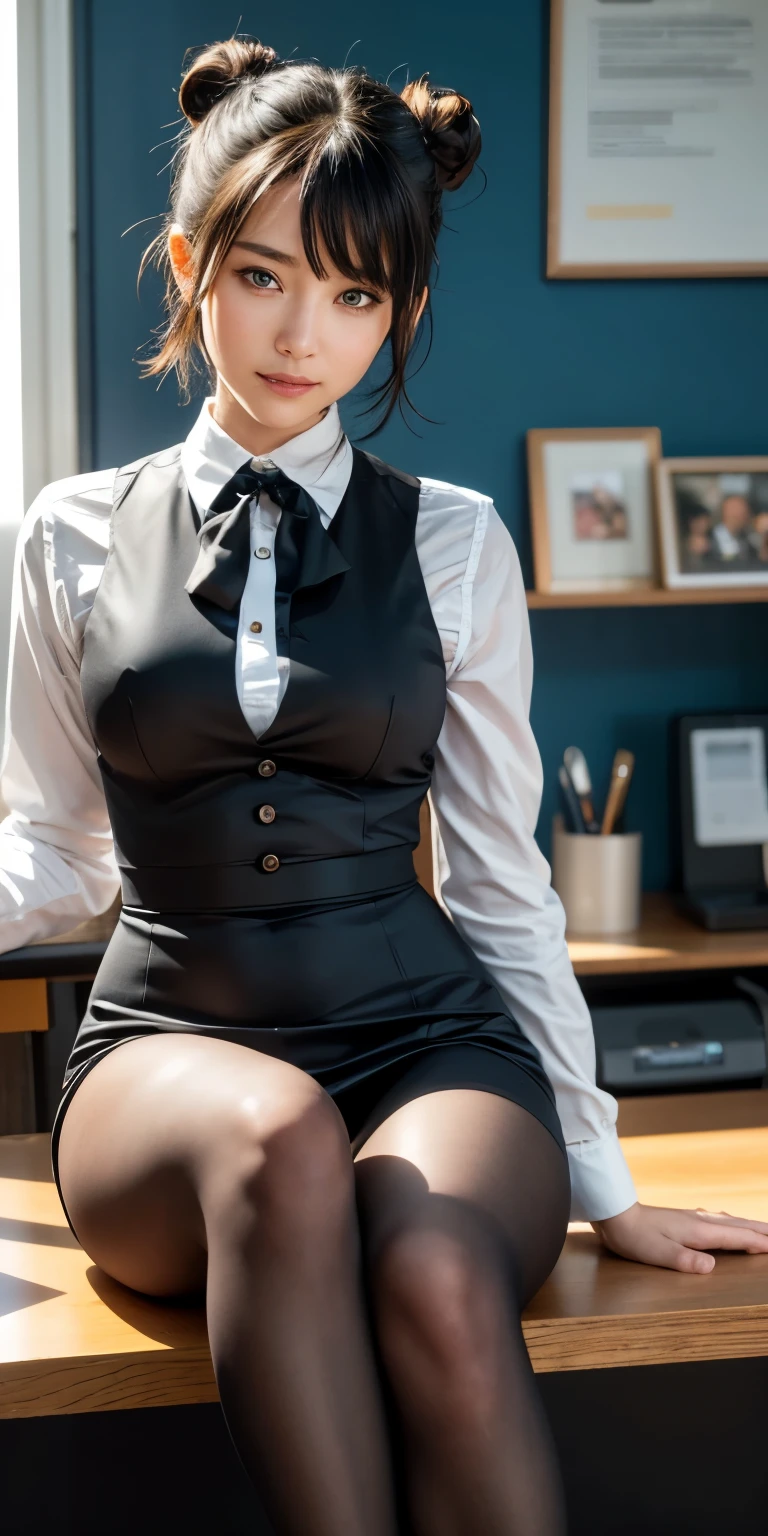 (raw, best quality, masterpiece:1.5), (Photorealistic, intricate details:1.2), ultra high definition, ridiculous,
1 girl, pretty face, blue eyes, green eyes, Detailed eyes, symmetrical eyes, There is light on the face, nose blushing, short hair, bun, black hair band, 
clock, Vest, suit, Pencil miniskirt, White shirt, silk scarf, black pantyhose, [:20 days, :0.8],
Smile, Small dimples, Sexual innuendo, 
medium breasts, slim waist, thin legs, long legs,
Sit in a chair in front of your desk, Perfect body, good proportions,
looking at the audience, 
(office, indoor, hyper Detailed background:1.2), Japan, copy machine, File cabinets, , monitor,
shiny skin, Realistic skin texture, 
natural lighting, best lighting, Detailed background, Detailed shadows, sharp focus, Depth of field f/2,
Saturated, high contrast, Intense light and shadow