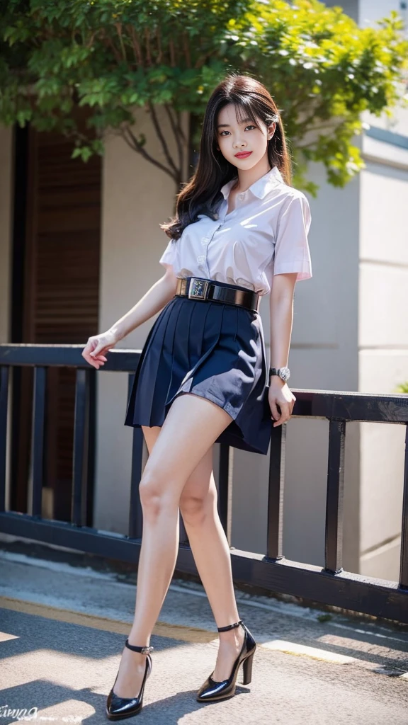 highest resolution, 8K, high definition, (((ผมlong))), Thai Students, Half Thai, half Japanese, half Korean., Age 18-25 years, Height 173 centimeters, (((stand, walk))), Beautiful face, แต่งBeautiful face, Double eyelids, red lips, smile at the corner of the mouth, beautiful eyes, Beautiful Woman, The texture is realistic., ((Slim white short-sleeved shirt, collar shirt)), ((big pleated skirt, dark blue, long, Close your legs completely.)), ((Navy blue skirt, พร้อมbeltผู้หญิง)), ((Huge breasts, Breast augmentation)), ((Symmetrical shape, sexy figure)), ((Thin, slim, small waist)), ((Black court shoes, Put on a watch, belt)), (((full body, Look at every part of the body.))), background, balcony in front of building, building, buildingเรียน