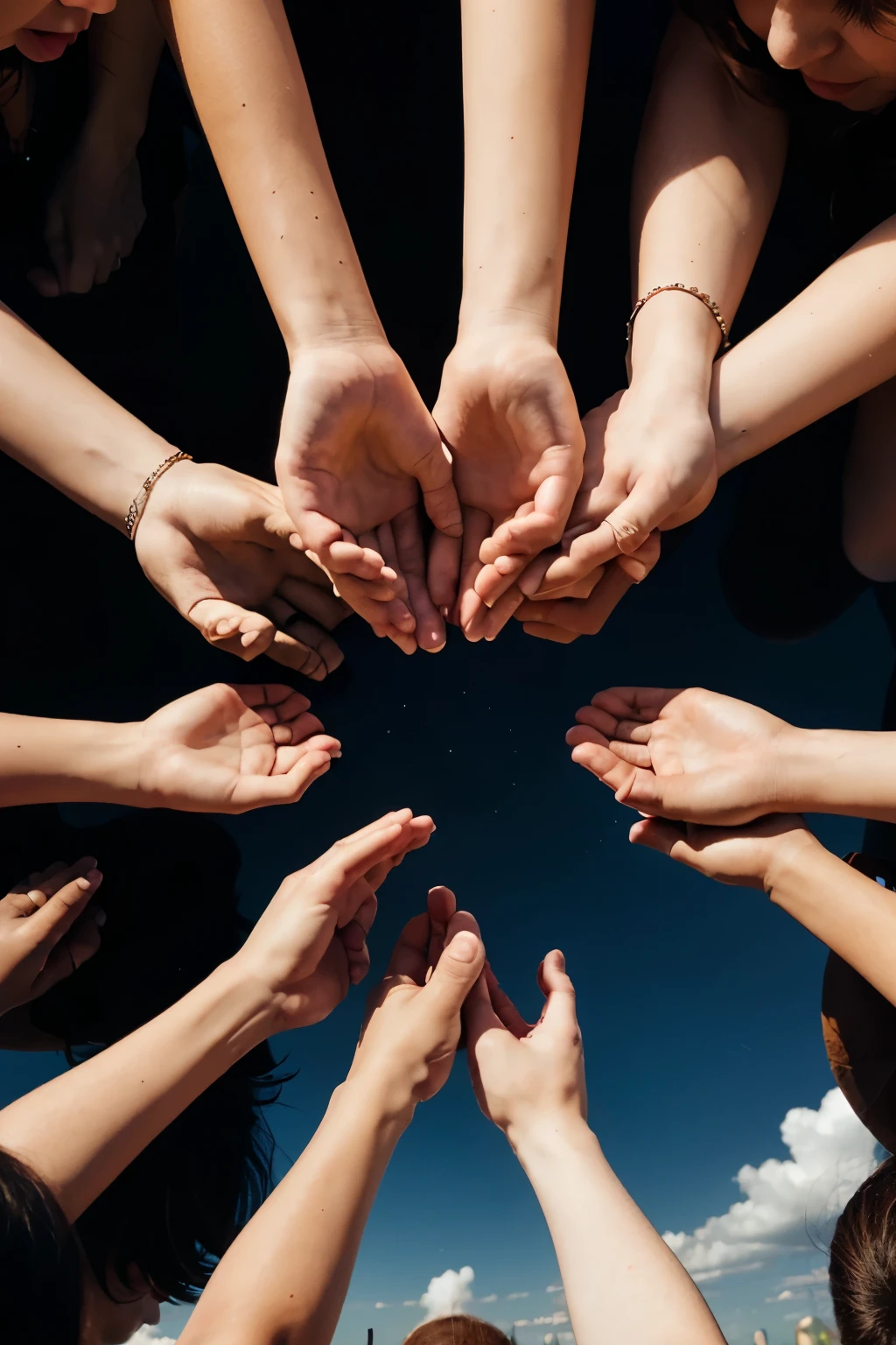 A group of people in a circle, holding hands and raising them to the sky, representing unity in prayer and the search for divine guidance.