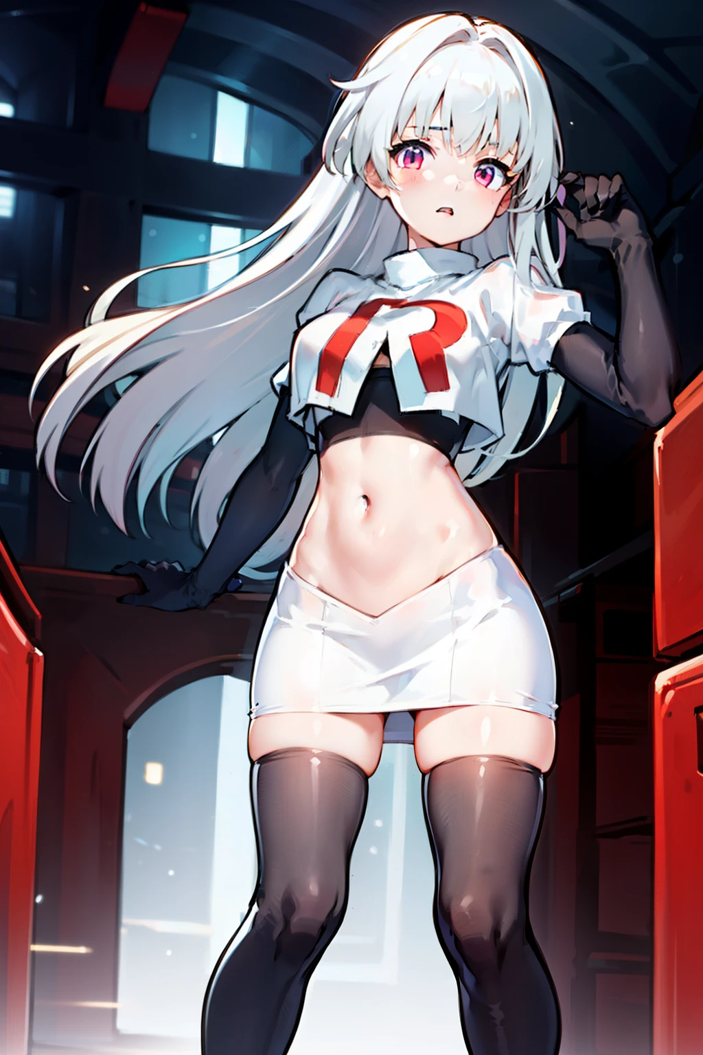 1girl, team rocket,team rocket uniform,white skirt,red letter R,crop top,black thigh-highs,black elbow gloves,