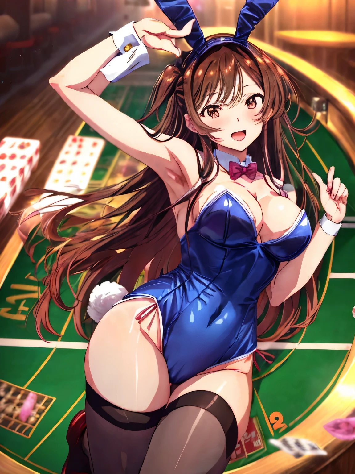 chizuru, big breasts, 1 beautiful girl、anime girl, Bunny girl、((赤色のBunny girlレオタード:1.5))、High leg、brown pantyhose、赤色のBunny girlのカチューシャ, 8K, High resolution、sexy pose、big smile、casino、slot、roulette、sexy pose