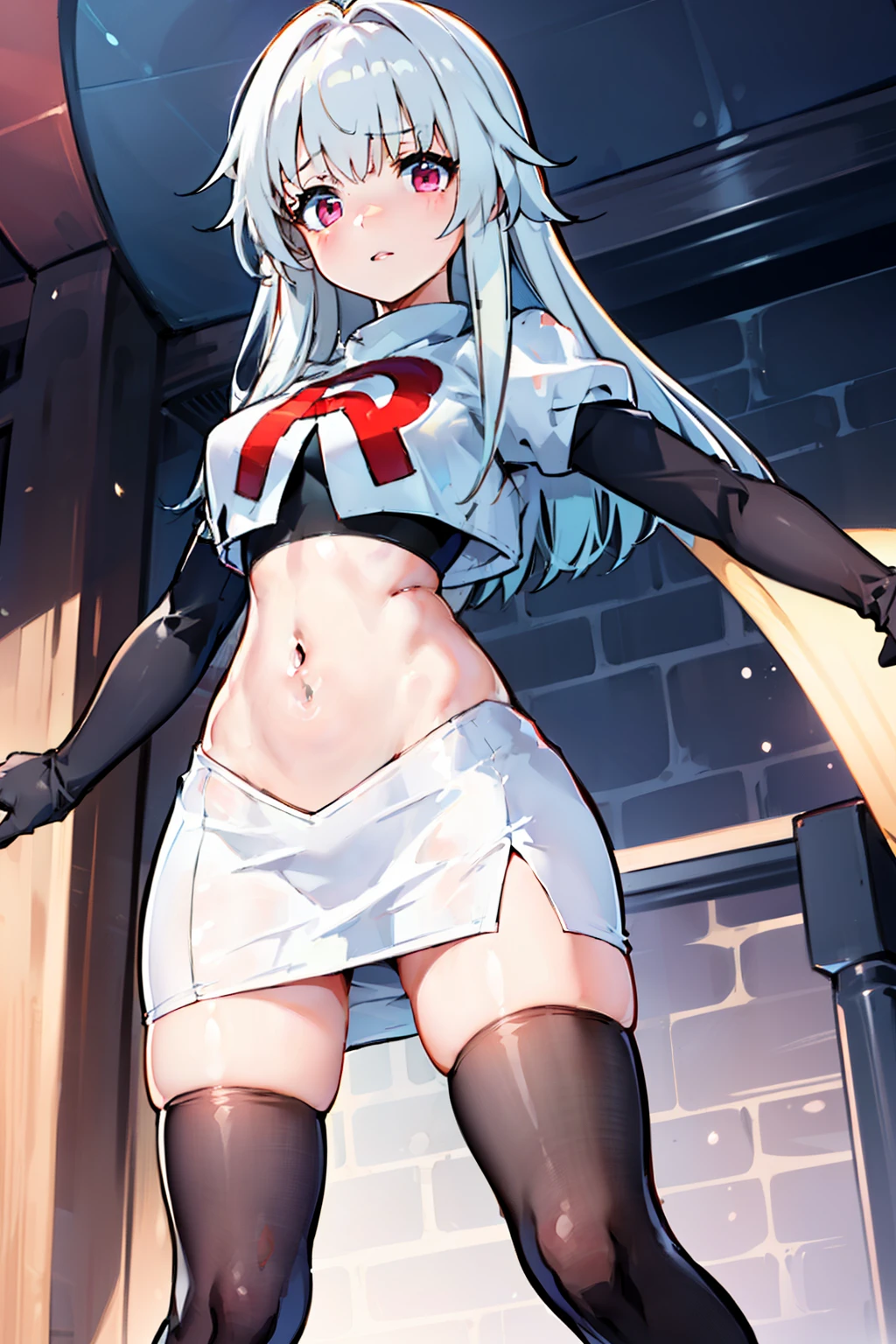 1girl, team rocket,team rocket uniform,white skirt,red letter R,crop top,black thigh-highs,black elbow gloves,