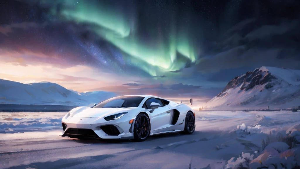 (white supercar, car racing), (starry sky, northern lights), (8k, extremaly detailed, lighting like a movie, lense flares)