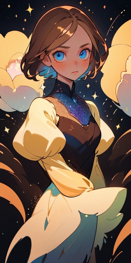(best quality, masterpiece), 1girl, galaxy, glitter, dress, particle, wind, flower, upper body, dark simple background, looking at viewer, blonde, brown hair. blue eye.
