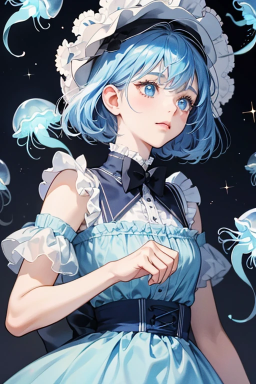 Frilled Jellyfish Cookie is a , slightly short Cookie with desaturated blue dough. She has round, pale blue eyes with white pupils that are often closed, and has long, round eyelashes in a navy blue color. She wears a white frilly housemaid's dress, with a translucent bonnet reminiscent of a jellyfish's bell. Frilled Jellyfish Cookie wears a small and innocent smile, and usually opens her eyes whenever she seems shocked. GLITTER