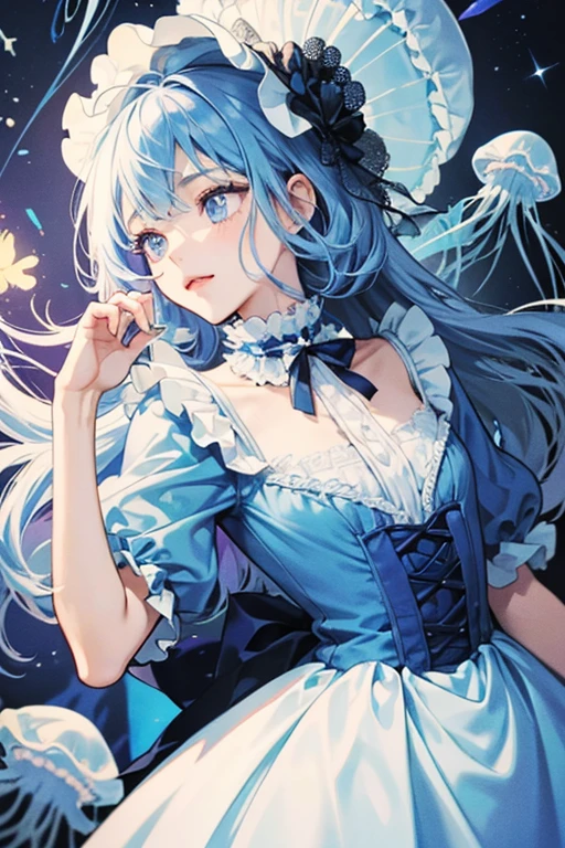 Frilled Jellyfish Cookie is a , slightly short Cookie with desaturated blue dough. She has round, pale blue eyes with white pupils that are often closed, and has long, round eyelashes in a navy blue color. She wears a white frilly housemaid's dress, with a translucent bonnet reminiscent of a jellyfish's bell. Frilled Jellyfish Cookie wears a small and innocent smile, and usually opens her eyes whenever she seems shocked. GLITTER, JELLY