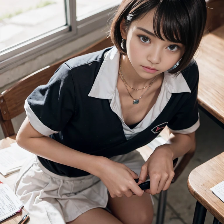 best quality, ultra high res, 8K, RAW photo ,cute school girl, japanese, solo, (((flat chest))),downblouse, small breasts, voluptuous, sexy detailed bra with embellishments,overlap party dress, (high resolution detail of human skin texture), short hair,necklace , signing at the desk, leaning forward,  from side above ,slender ,in classroom, , oval face,expressionless 