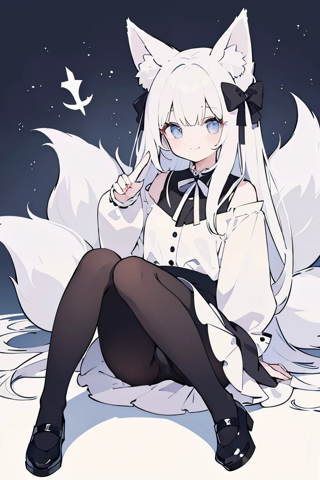 A girl with impressive white hair、Fox ears and tail、Hair Ornament、Black pantyhose、No sleeve、smile、cute shoes with accessories