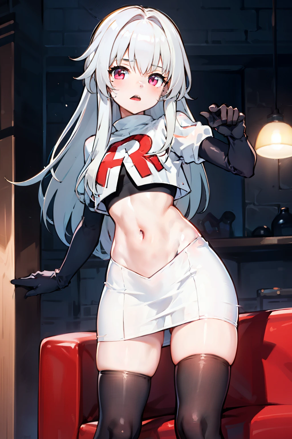 1girl, team rocket,team rocket uniform,white skirt,red letter R,crop top,black thigh-highs,black elbow gloves,