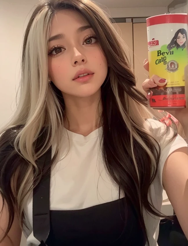 Arafed woman with long hair taking a selfie in a mirror., brunette with dyed blonde hair, soft devil queen cerveza madison, reflejos blancos en el cabello, su cabello es blanco, cerveza madison, :: cerveza madison, cerveza madison girl portrait, foto de perfil, cabello con flequillo blanco, Kailee Mandel, flequillo blancopelo negro, imagen de perfil, chica perfecta de pelo blanco