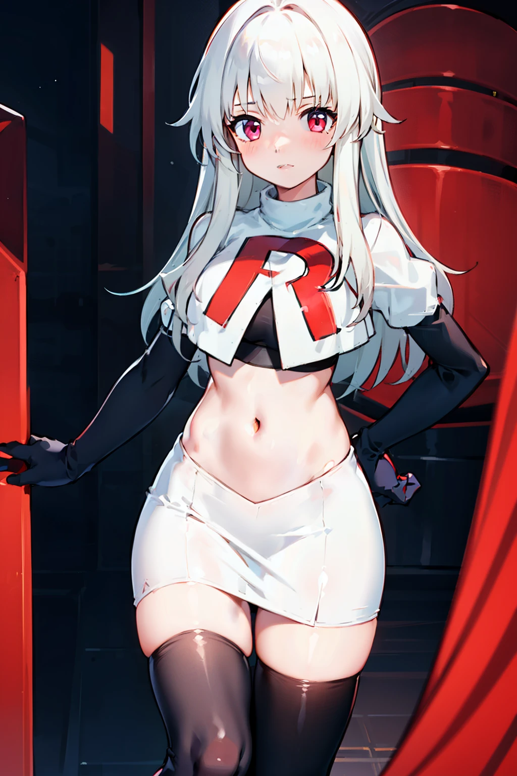 1girl, team rocket,team rocket uniform,white skirt,red letter R,crop top,black thigh-highs,black elbow gloves,