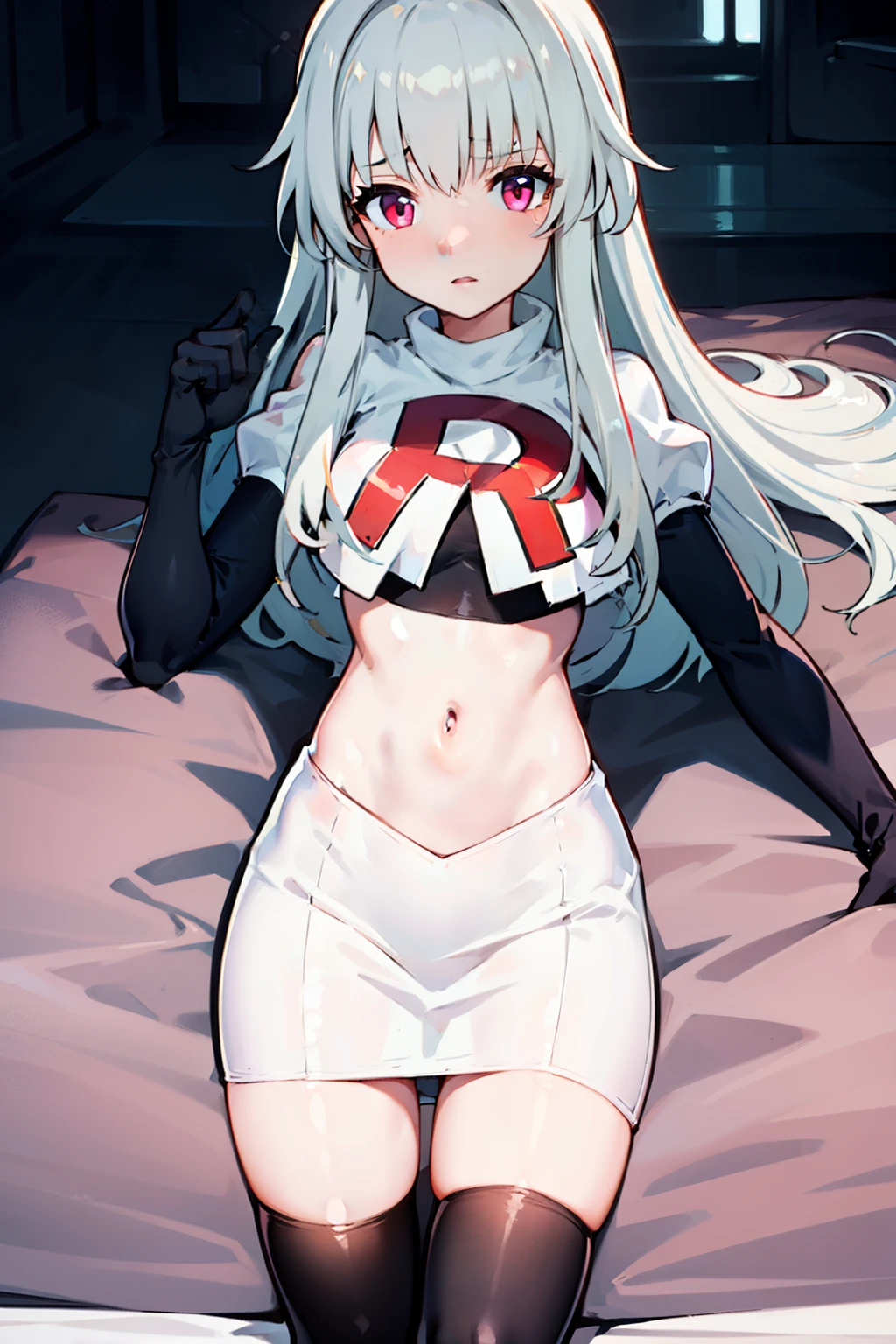 1girl, team rocket,team rocket uniform,white skirt,red letter R,crop top,black thigh-highs,black elbow gloves,
