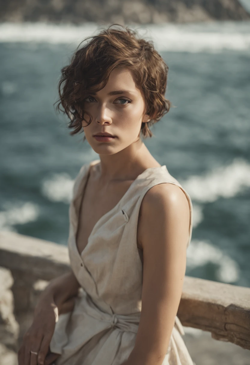 8K, highest quality, masterpiece, realistic, ultra detail, photo realistic, Improvement of quality, 
Rolleiflex photos, 800 movies per port, shot from above, film grain, Pensive silence, film photography, with a young beautiful woman [French Bob Cut] hairstyle with the sea in the background, Afternoon time, realistic skin texture, Incomplete details
