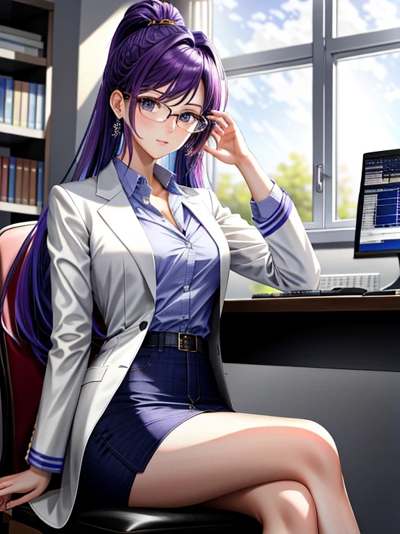 masterpiece,A beautiful adult woman with purple hair all back,Angle from her feet,She wears a doctor's coat, a white miniskirt, and glasses.,she is sitting cross-legged on a chair,She is looking at the paper documents with a serious expression.,Inside the laboratory,
she is so glamorous,anime extremely detailed,
showcasing grace and beauty,
Sensational artwork, ultra-high definition, 8k,
A masterpiece of breathtaking beauty and aesthetics.
