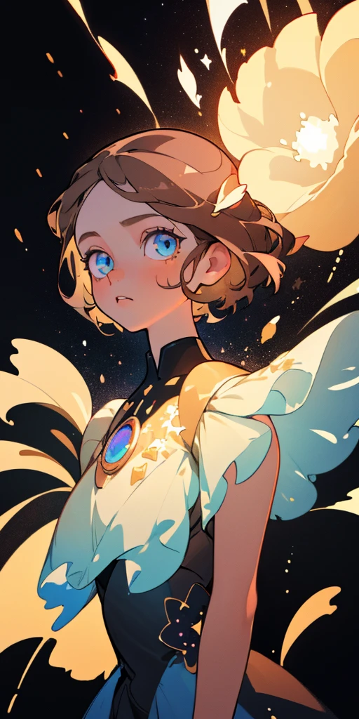 (best quality, masterpiece), 1girl, galaxy, glitter, dress, particle, wind, flower, upper body, dark simple background, looking at viewer, blonde, brown hair big. blue eye.