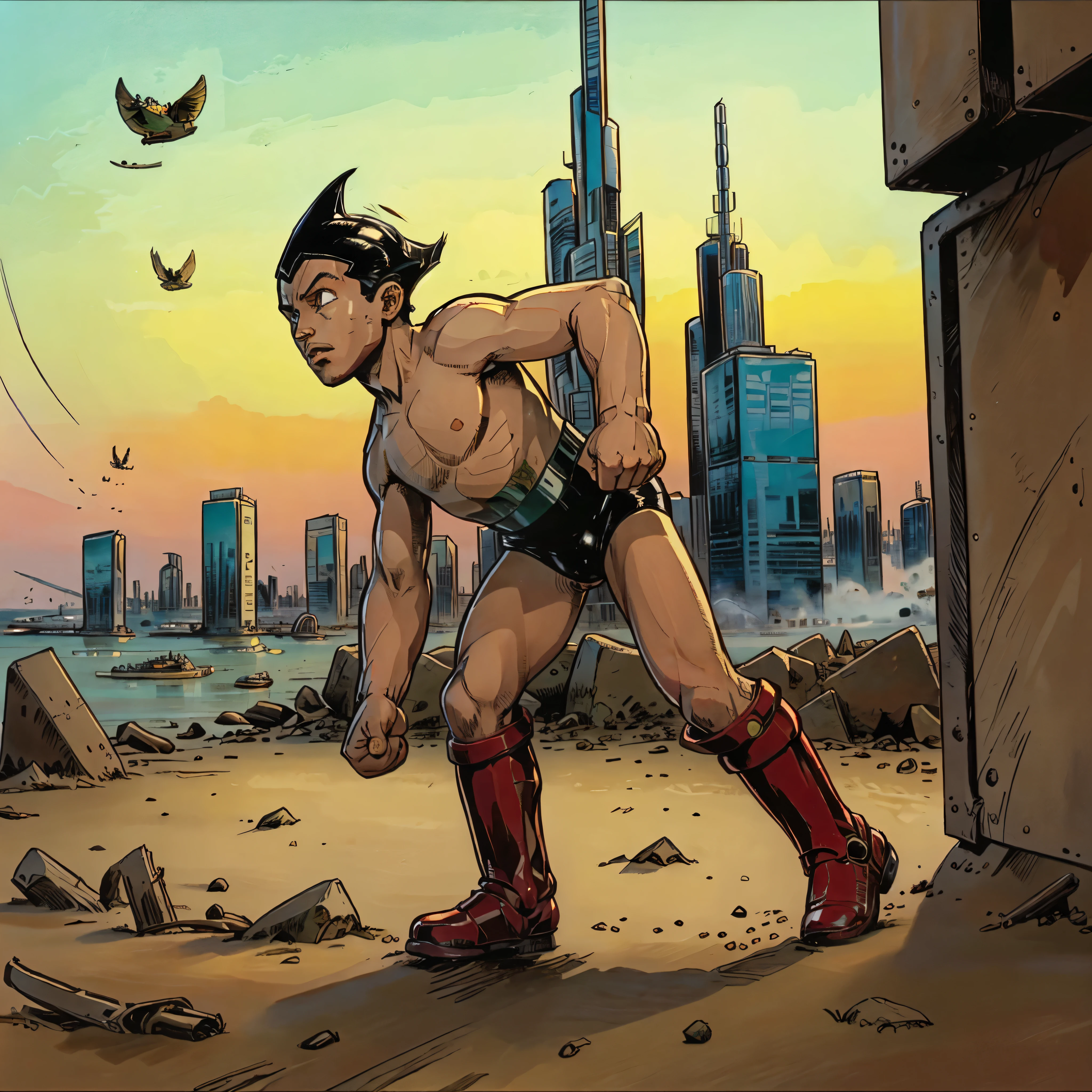 ((masterpiece, best quality)),(complex light),astro boy,black hair, brown eyes,red boots, fighting postion, about to fight, futuristic city varied multi etc. --v 6 --s 1000 --c 20 --q 20 --chaos 100