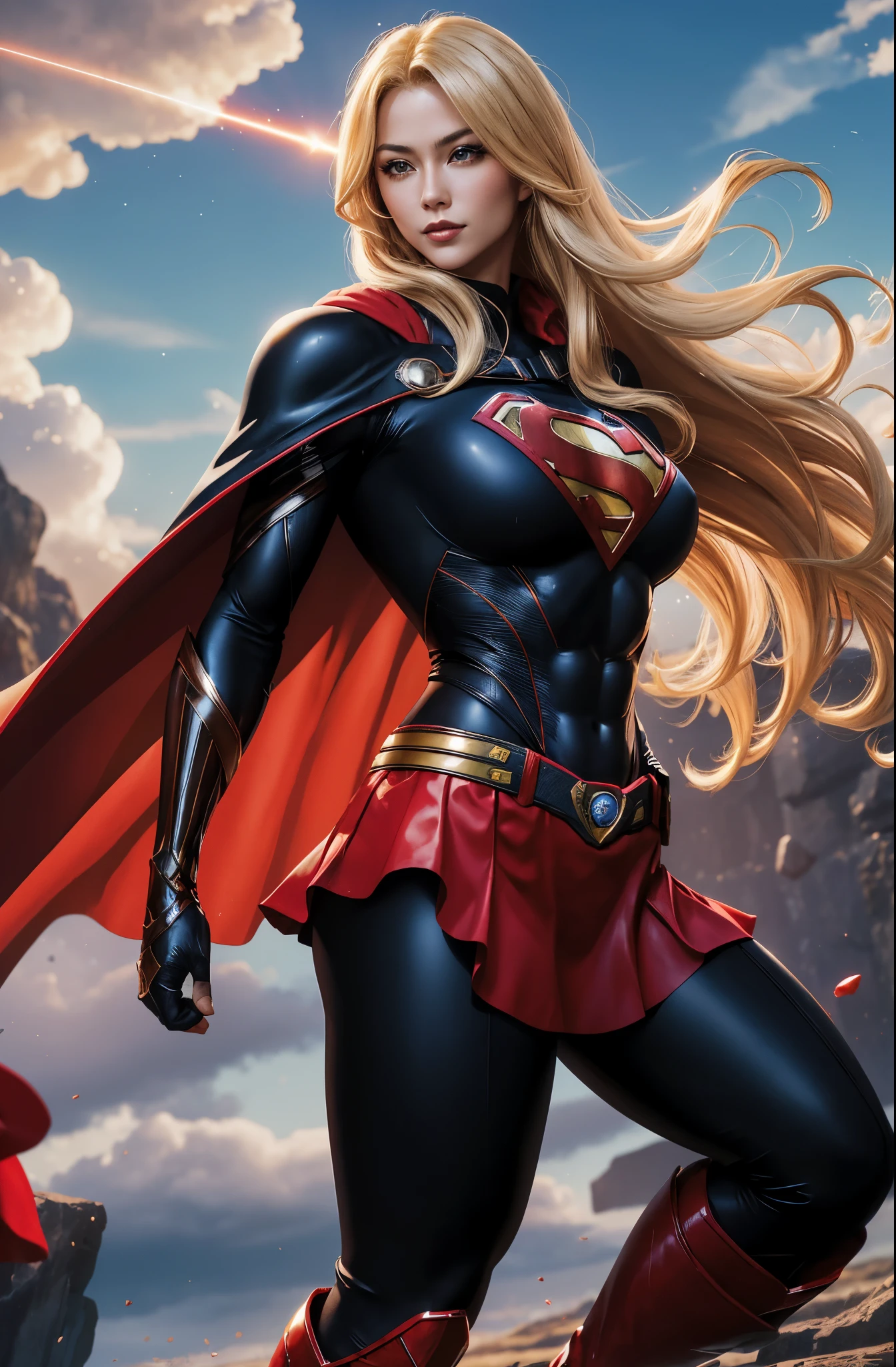 nijistyle, cowboy shot of beautiful lady in black superman costume, long blonde hair, heroic, cape, particles, clouds, sky, red skirt, red boots, sexy pose