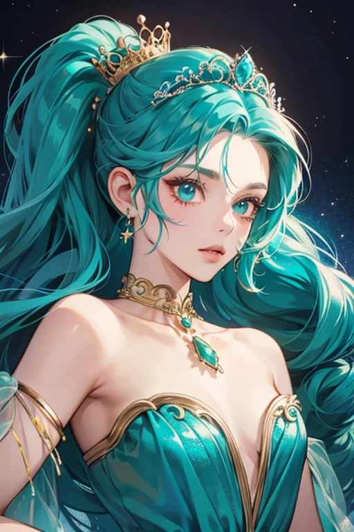 Jungleberry Cookie has turquoise blue hair with a drill-like side ponytail to her left and a small curl on the right. She wears an emerald gown and a golden tiara with a heart gemstone. GLITTER