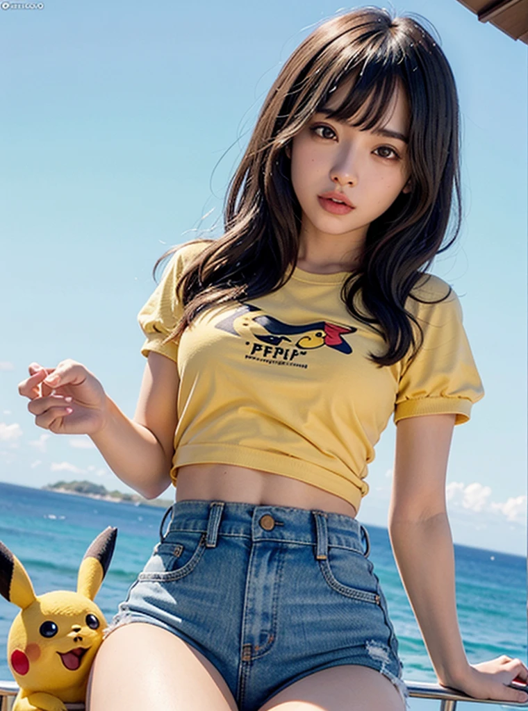 Uma adolescente, no one else in the background, delicate features, olhos grandes, sensual lips, corpo sexy musculosa, golden ratio, franja, cabelos cacheados, cabelo rosa claro, peito alto, camiseta Pikachu seios grandes, barriga, uma  muito bonita, cabelo azul claro, Anime 5 dormir, Computer Graphics, sob arte, peito grande e bonito, peito super grande, Peito apertado, roupas apertadas,Caminhada Quadrada, rastreamento de raio,Brilhante, 