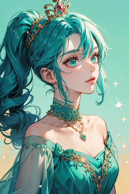 Jungleberry Cookie has turquoise blue hair with a drill-like side ponytail to her left and a small curl on the right. She wears an emerald gown and a golden tiara with a heart gemstone. GLITTER, JELLY