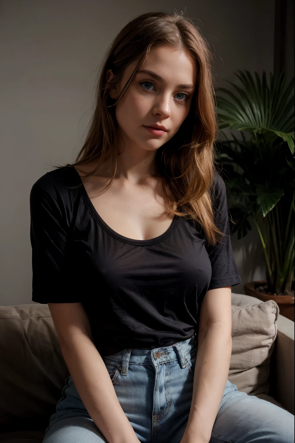 Arafed woman sitting on a couch in a black shirt and jeans - SeaArt AI