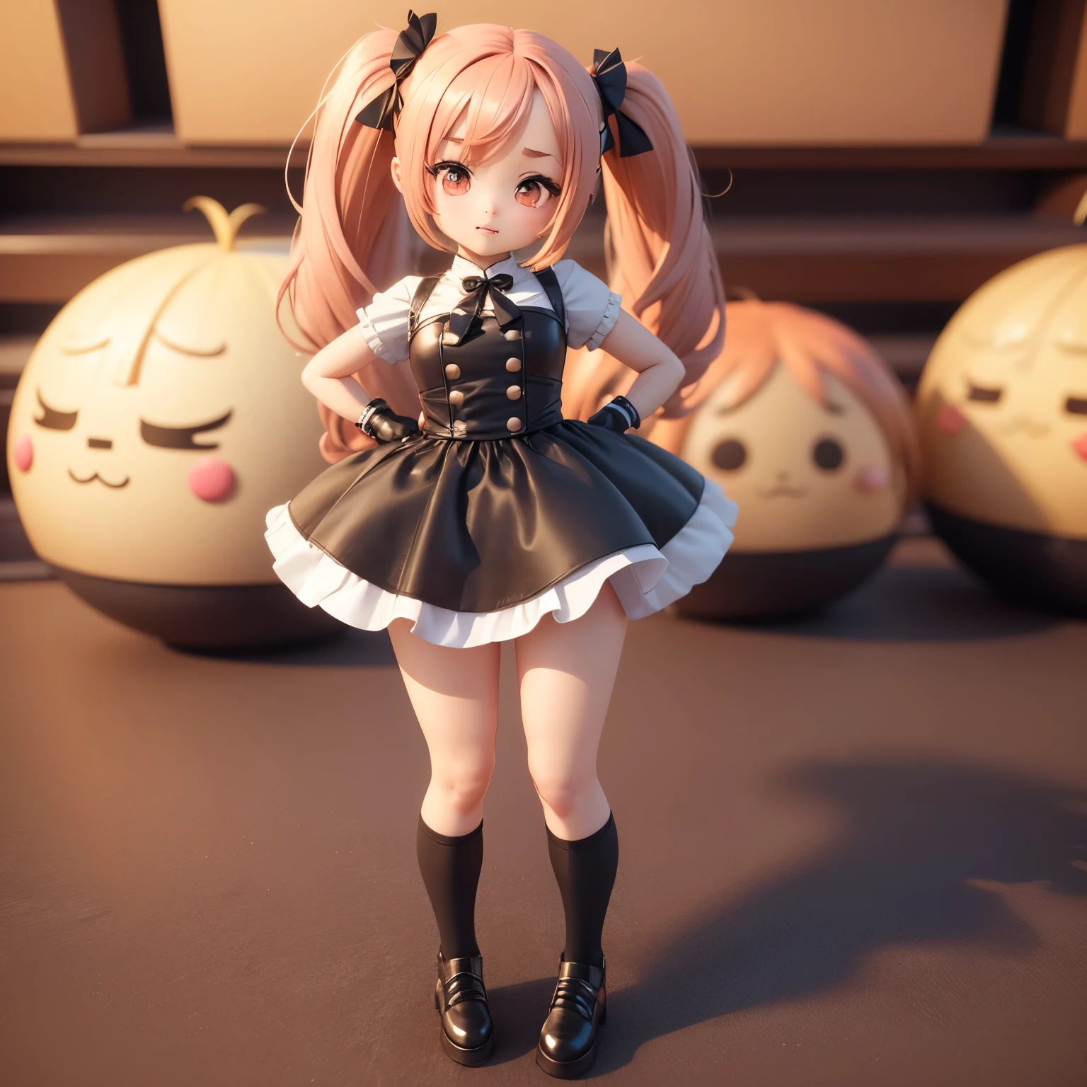 best quality, 32k, (chibi character, super deformed, full body, big head:1.5, 3D), cute girl, ahoge, twin tails