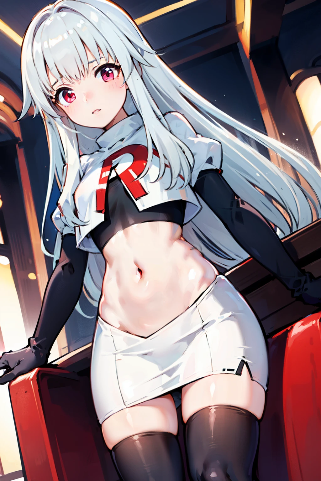 1girl, team rocket,team rocket uniform,white skirt,red letter R,crop top,black thigh-highs,black elbow gloves,