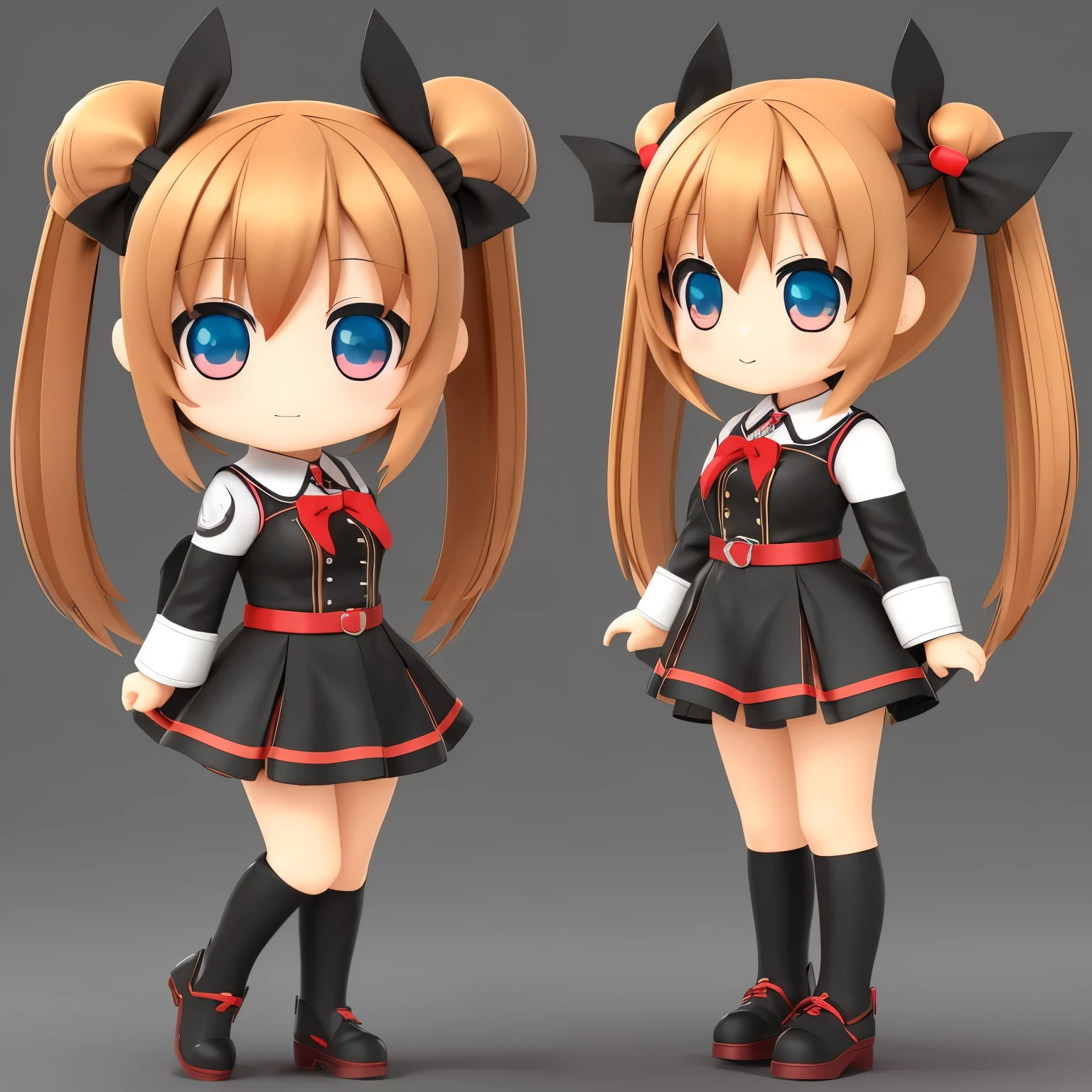 best quality, 32k, (chibi character, super deformed, full body, big head:1.5, 3D), cute girl, ahoge, twin tails