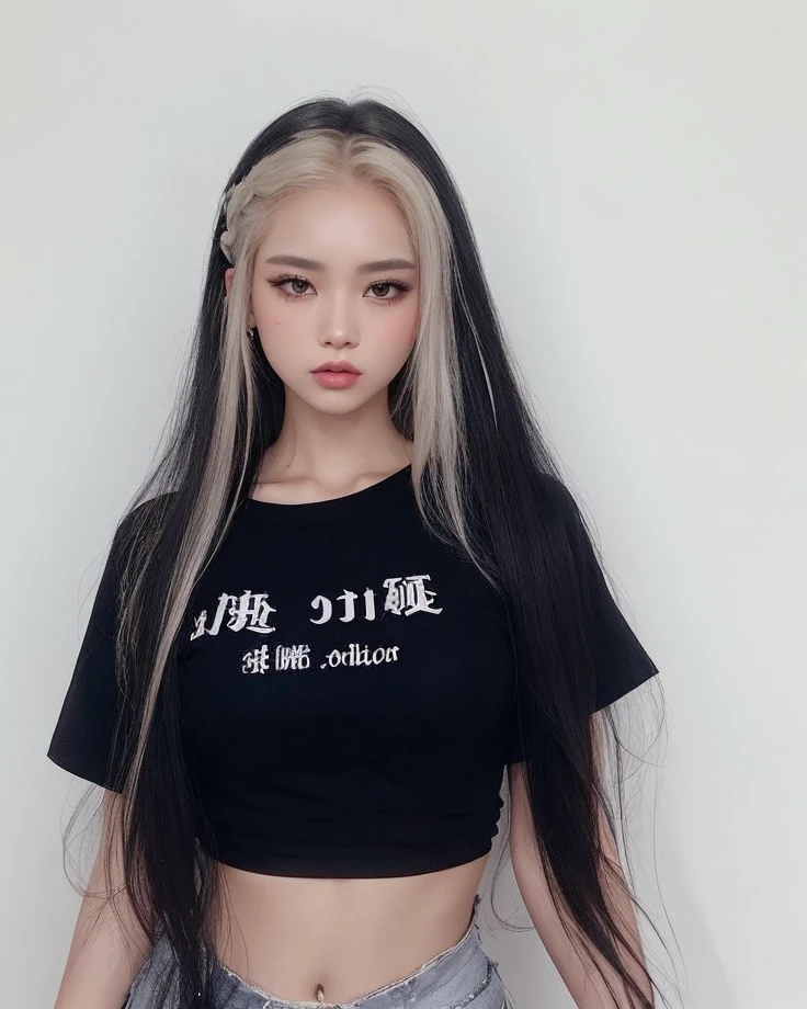 a close up of a woman con cabello largo wearing a black shirt, cruel korean gothic girl, asian girl con cabello largo, con cabello largo, con el pelo largo y blanco, su cabello es blanco, con pelo largo y rubio, con pelo largo y blanco, yanjun chengt, peinado de corte hime blanco, girl with super long hair, jossi de blackpink