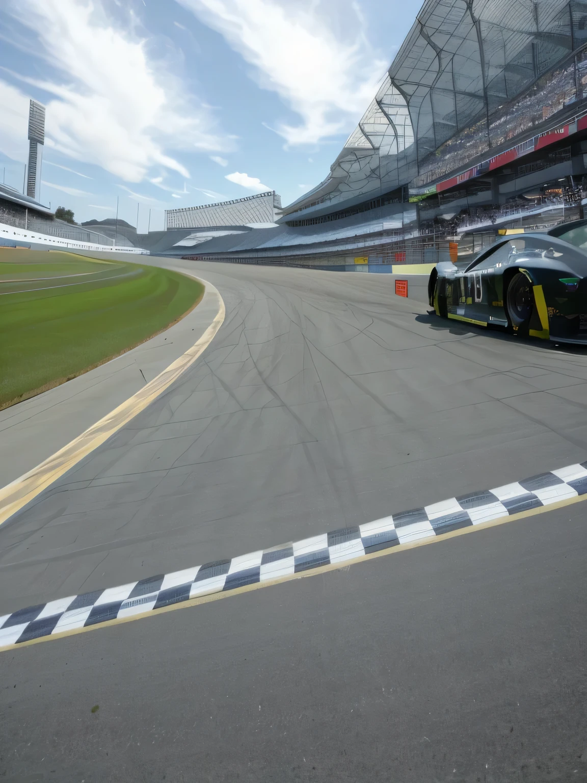 Araf view of race track with grid lines, center straight composition, nascar race, on the racecourse, nascar, race track background, On the street track, Victory Circle, Very good atmosphere, Wide-angle lens!!!!!!, green flags, 3 / 4 Wide-angle lens, photo of an audience member, circle pit, Wide-angle lens, Very wide angle shot
