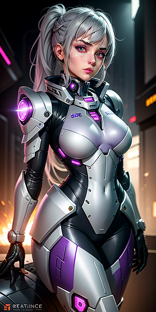 Realistic, girl one, gray hair, purple eyes, shining eyes, mech suit, reptile, metallic, intricate details, detailed neon, parted lips,