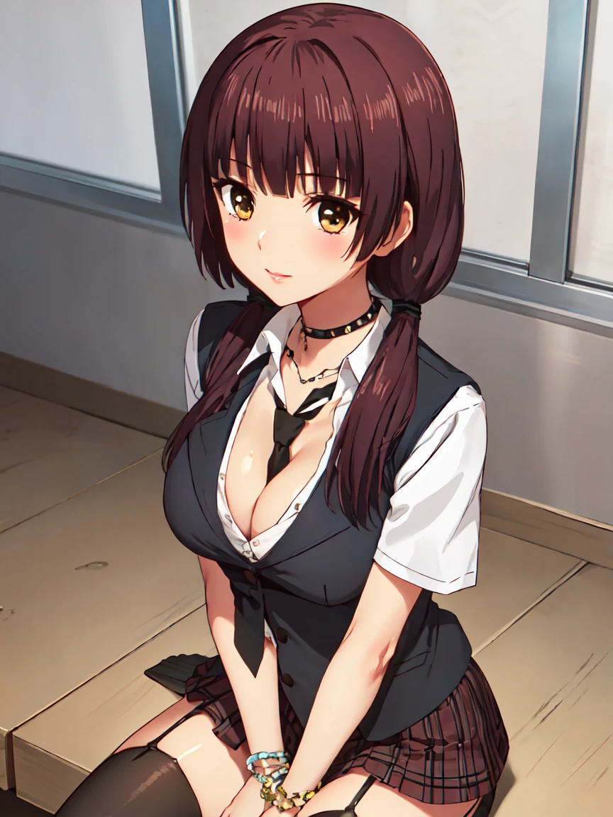 Huge cleavage, (masterpiece, top quality, best quality:1.2) cleavage, (cleavage), 1girl, solo, long hair, looking at viewer, bangs, brown hair, brown eyes, school uniform, upper body, necktie, vest, (low twintails, hair over shoulder,) black necktie, breasts, blush, skirt, large breasts, shirt, thighhighs, cleavage, school uniform, pleated skirt, choker, black thighhighs, necklace, bracelet, plaid, red skirt, garter straps, plaid skirt, thigh, partially unbuttoned, gyaru, kogal, 