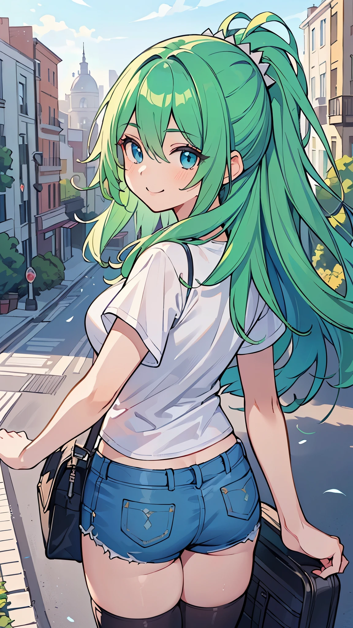 ((A Pretty girl with green hair and blue eyes)), ((Wearing Plain white T-shirt and hot pants)), Baby face, ((master piece, top-quality, ultra-definition, high resolution)), anime girl, ((ultra-detailed illust:1.2)), only one person, bangs, hair between eye, beautiful hair, Beautiful eyes, Medium breasts, Big smile, ((cityscape)), turn back
