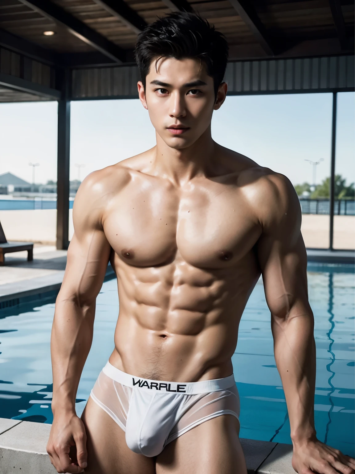 arafed boy in a wet and transparent white hip boxer brief, Full Body Shoot, Quiff haircut, look at camera, detailed facial parts, Manly, Bad Boy, Pool background, Sexy Pose, sex manaice, perfect anatomy, symmetric body, asian boy 19 years old, shirtless :: high detail, asian, sexual, a little six packs attractive body, realistic, Short Hairstyle, handsome chad chin, shirtless, handsome, attractive, sexy boy, Pubic hair, masculine, sexually attractive (eyes contact), Gay, Handsome, Attractive, big bulge in hip brief
