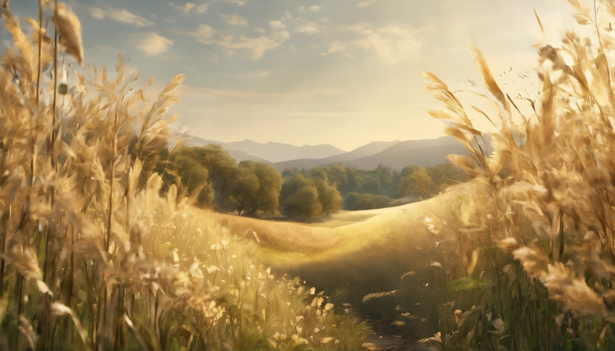 meadow with tall grass, gold leafs, sparkling wind, sunny day