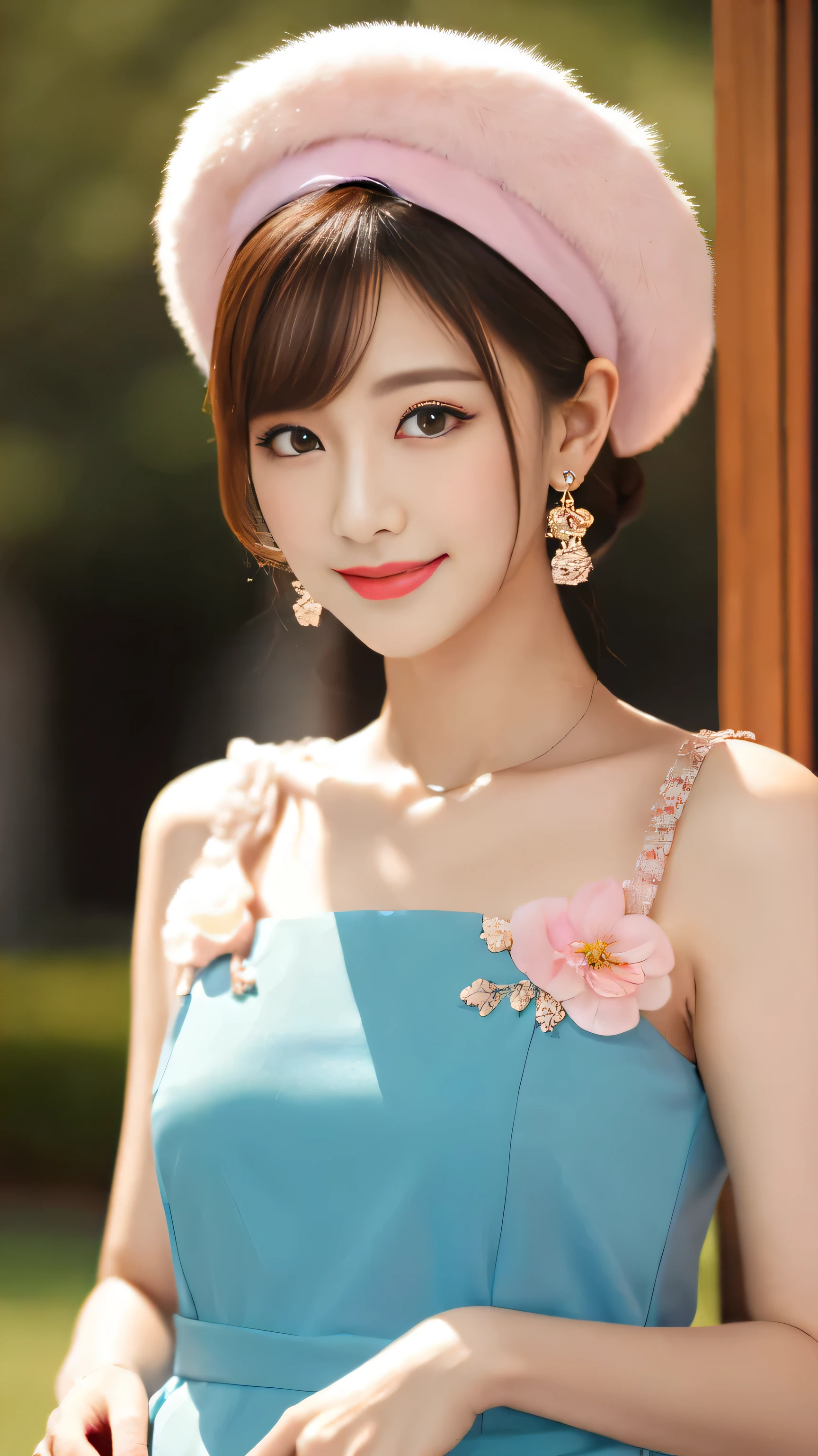 Masterpiece, Best Quality, Waterfront, Banquet, 1 Woman, Mature Woman, Elegant, Chinese Style, Ancient China, Sister, Royal Sister, Happy, Meatball Head, Light Brown Hair, Pink Eyes, Gorgeous Headwear, Light Pink Lips, Pink Clothes, Yarn like Clothing, Intellectual, Full bangs, Flat bangs, Flower Ball, Face Delicate,Updo