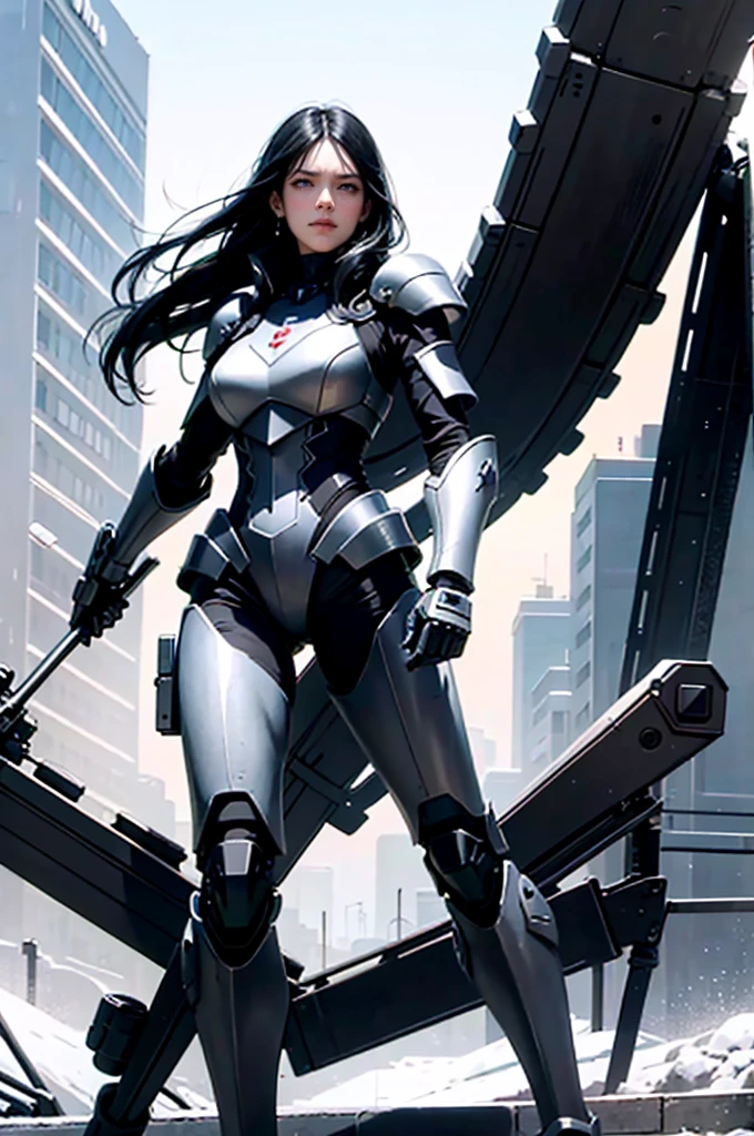 Incredibly ridiculous face, silky long black hair, pure black long hair (obvious), domineering female attack, indifferent and emotionless expression, hair color is black, black hair, woman wearing black nano armor, full of mecha sense, full of science and technology, mecha chest has a dark red miniature nuclear reactor, cool armor, armor lines are clearly visible, armor metal is strong, realistic and natural picture quality, special forces, nano armor wrapped in the whole body, beyond 8K picture quality, extremely high clarity 1girl, adult women, adult female figure, long legs, extremely high rendering effect, 2D painting style, realistic photo photos, snow-white skin, royal sister style, big sister, indifferent expression, serious face, conservative tight dressing, angular, classical beauty